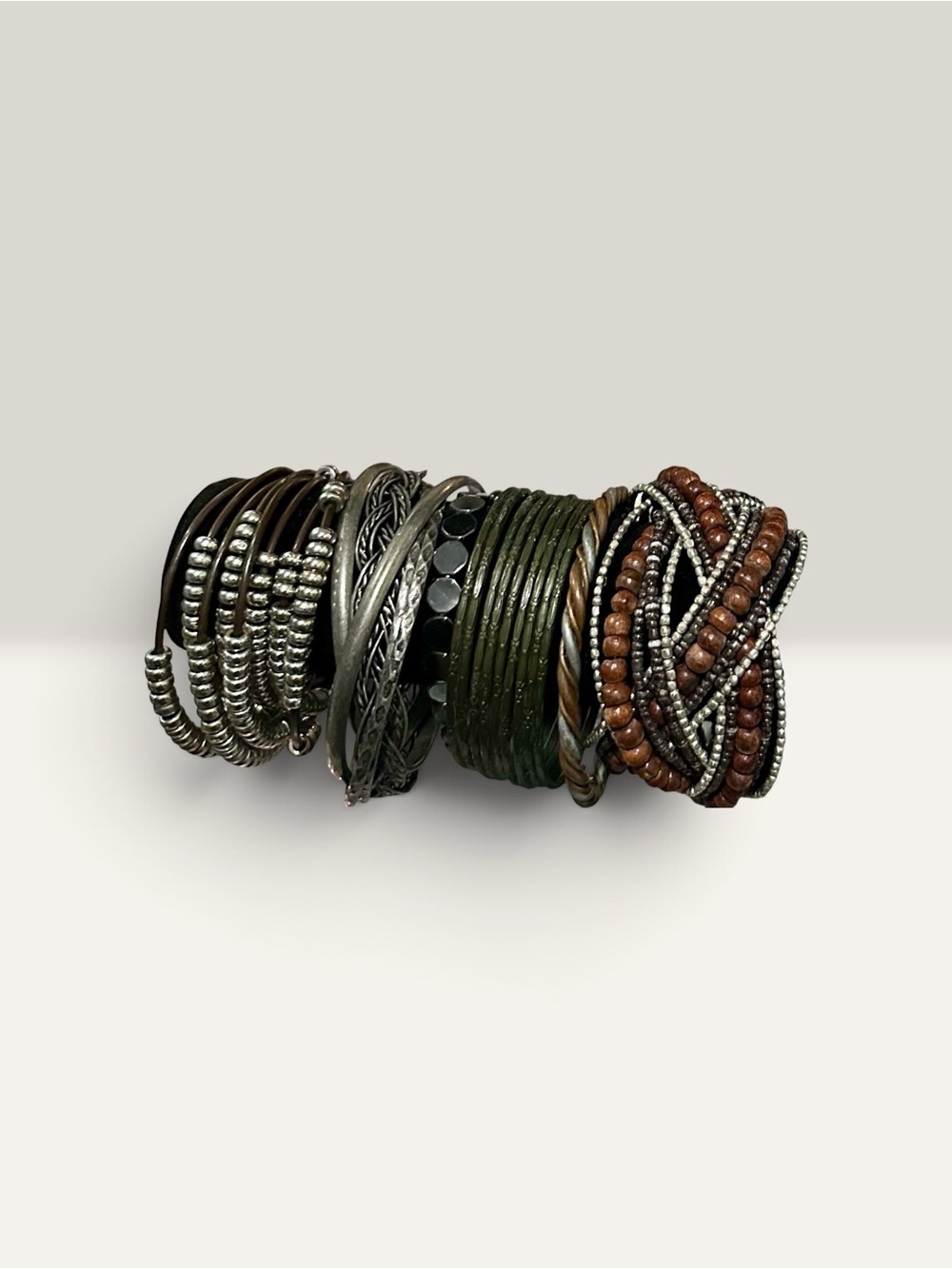 Vintage Boho Mixed Metal Beaded Bracelet Stack Earthy Wood Bangle MultiStrand